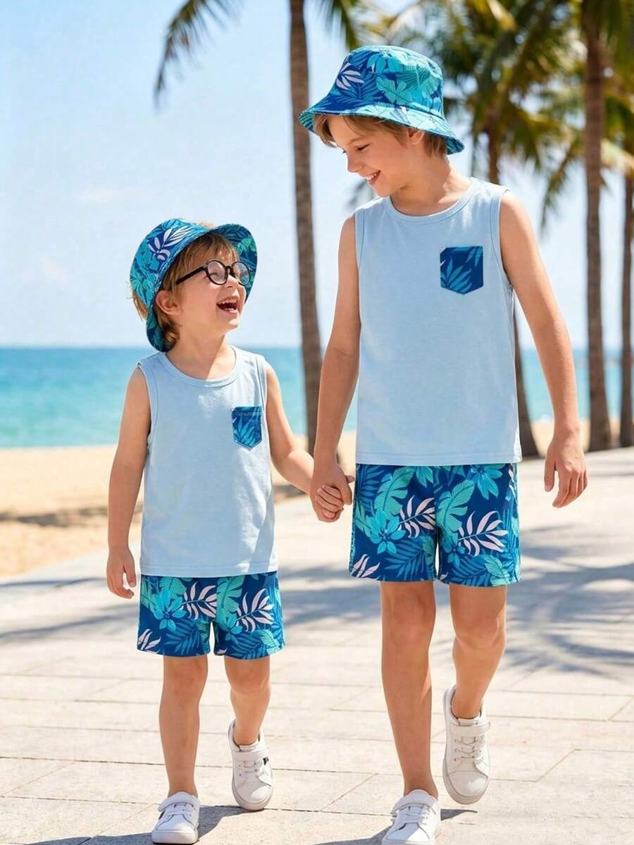 3-Pack Kids Tween Boy Tropical Plant Print Sleeveless Knit Tank Top, Shorts And Sun Hat Set, Spring/Summer Casual Vacation Outfits - Blue - View 1