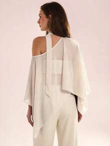 Avenya Women's Spring/Summer Sexy Vacation Chiffon Asymmetrical Shoulder Scarf Design Flowy Blouse - Apricot - View 4