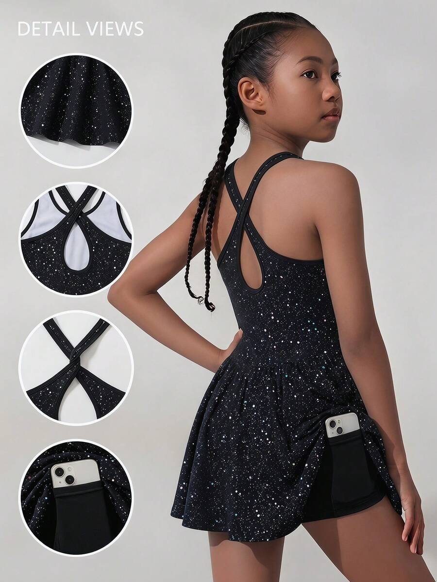 SHEIN 少女休闲运动体操瑜伽闪亮优雅高弹箔印花街头时尚日常休闲运动纯色交叉露背无袖运动连衣裙 - 黑色 - 查看 1