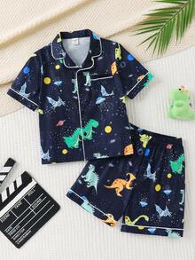 SHEIN Piyama Rajut Musim Panas Anak Laki-Laki 2 Potong Motif Dinosaurus Kartun Lucu Bercahaya, Cocok untuk Musim Semi dan Musim Panas di Rumah - MultiWarna - View 7