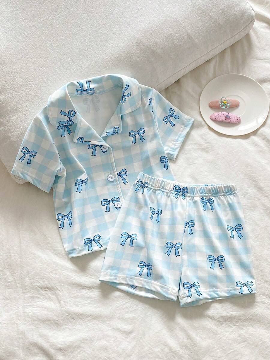 2件套女婴可爱格子蝴蝶结印花短袖开衫上衣和短裤舒适家居服套装,夏季 - 淺藍色 - 查看 1