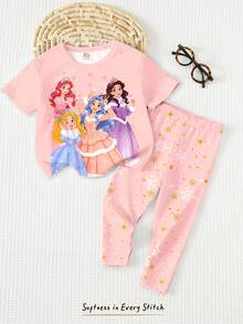 Rose princesse doux, tourbillonnez dans le printemps et l'été, princesse douce et mignonne, paillettes brillantes et crépusculaires, imprimé flocon de neige, jeune fille décontractée et confortable, t-shirt à col rond à manches courtes et ensemble de pantalons, convient pour le port quotidien, les vacances, les festivals, les vacances, les vibrations printanières, les vibrations estivales, les tenues de printemps et d'été, le confort facile, l'ensemble jeune fille élégant, le style décontracté, l'ensemble de t-shirts graphiques princesse et fleur, l'ensemble printemps et été, le nouveau style, le style décontracté, les vibrations printanières, l'été décontracté, le style girly - Multicolore - Voir 4