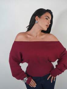 Dania Mndz Shop 女士秋冬不对称肩部罗纹紧身棕色毛衣 - 酒紅色 - 查看 5