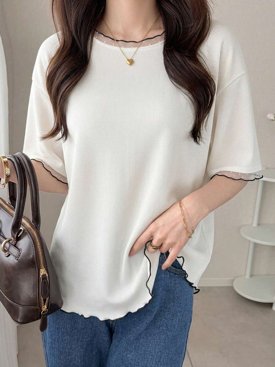 FRIFUL Women's Wavy Striped Loose Contrast Trim Short Sleeve T-Shirt, Summer Casual Wear - White - View 1