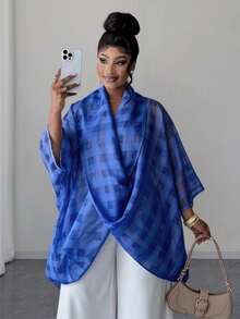 Plusstorlek Dam Lös Fashionabla Twist Collar Blus - Marinblå - Visa 6