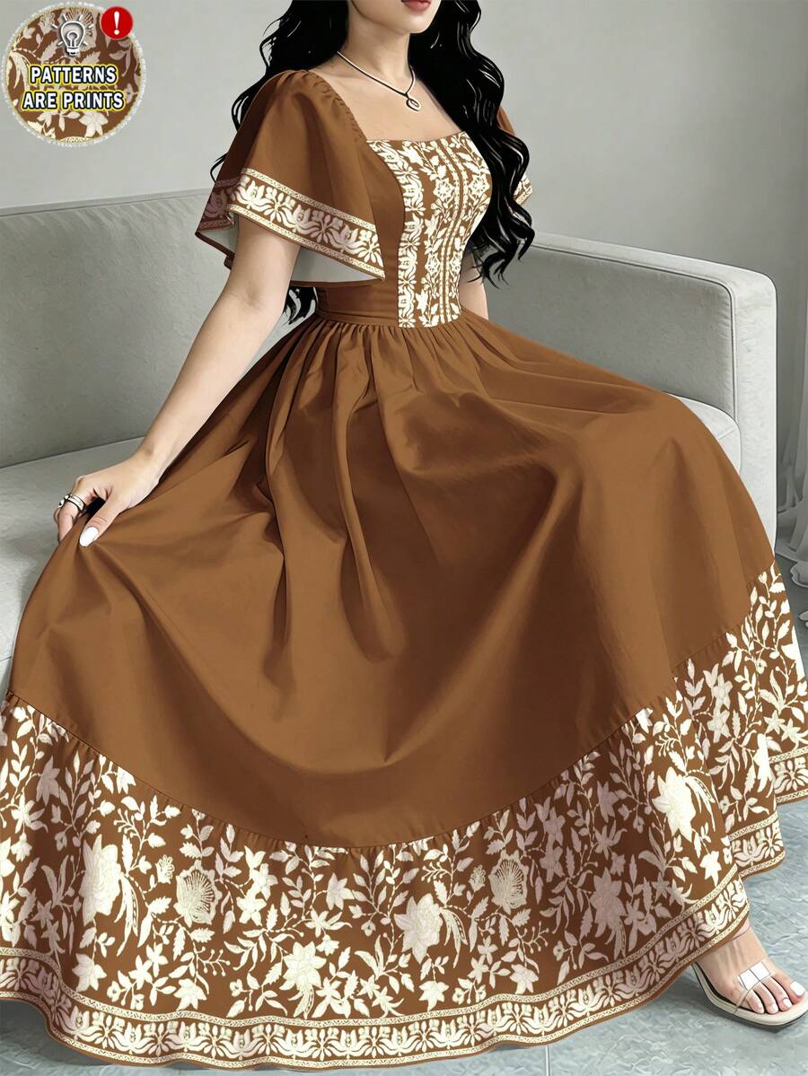 Modelyn Đầm tay ngắn cổ vuông in hoa, đầm dài ngang gối thắt eo, đầm màu nâu họa tiết hoa. - Nhiều màu - Xem 1