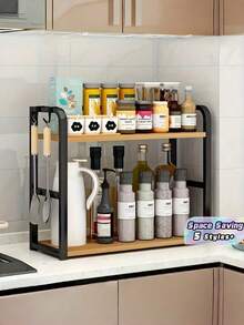 1PC Multi Function Iron And Wood Kitchen Storage Rack Space Saving Countertop Organizer Holder For Utensils Spices Plates Cups Pots Pans Lids Cutting Boards Drying Rack Drainer Shelf For Cabinet Pantry Home Organization Kitchen Accessories - 2-layer Storage Rack - View 1