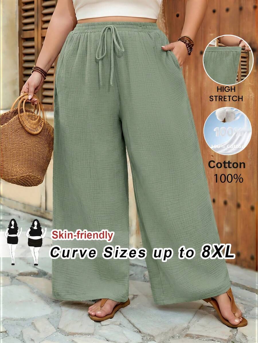 SHEIN CURVE+ Curve 尺码 US22 音乐节、海滨度假、波西米亚风女士夏季休闲沙滩装、时尚商务通勤优雅阔腿裤,带口袋,莲花粉色,夏季长裤/乡村/海滩度假装/沙滩装/沙滩服饰 - 薄荷綠 - 查看 1