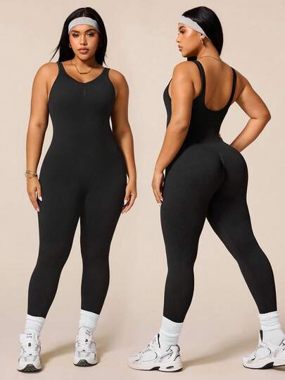 Rhythm Era 1pc Women Plus Size Seamless Diamond V-Neck Ribbed Slim Fit Base Layer Vest & Cropped Yoga Pants Set For Running, Fitness, Pilates