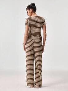 Loungeista Comfortable & Fashionable Striped Crew Neck Short Sleeve Loungewear Setfor Summer - Brown - View 2