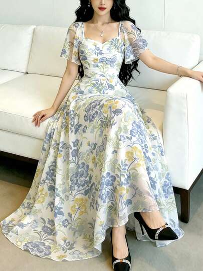 Modelyn Đầm maxi họa tiết hoa cẩm tú cầu và cẩm chướng, thiết kế cổ vuông tay bồng thời trang, đầm dài chiffon thanh lịch thắt eo mùa hè, thích hợp cho kỳ nghỉ hè và mặc hàng ngày.