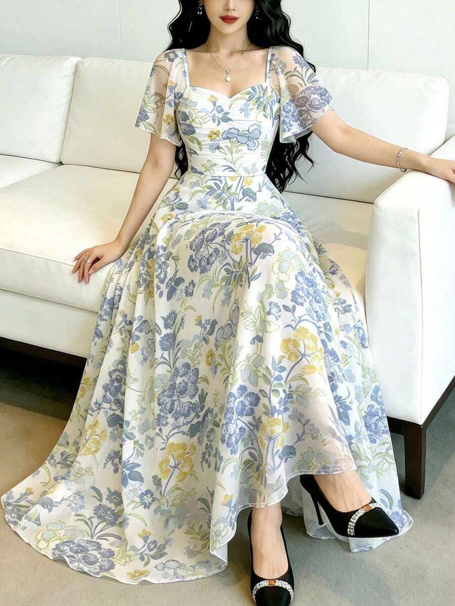 Modelyn 繡球花與康乃馨碎花長洋裝,白色花卉,夏季,優雅,花園派對方領飄逸袖收腰長款雪紡洋裝 - 彩色 - 查看 1