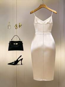 GlowEve Elegant Commuter Fashion Satin Slip Dress With Pearl Decor, Vintage Chic For Party And Gathering - Apricot - View 2