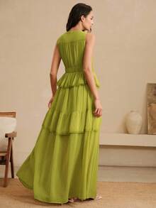 Arave Đầm nữ cổ chữ V không tay, viền bèo nhún, kiểu dáng nghỉ mát - màu xanh lá - Xem 3
