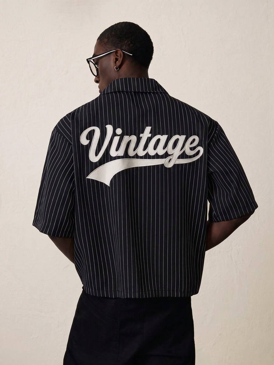 STYNVO Men's Summer Casual Striped Letter Embroidery Front Button Short Sleeve Shirt - Black - View 1