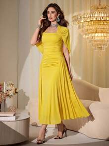 Modelyn Elegant Mesh Shiny Strapless Shawl Sleeve Fitted Long Dress For Women, Spring & Autumn - Yellow - View 5