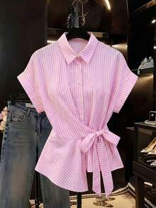SHEIN Franclia Women's Pink And White Striped Shirt,Summer Elegant Holiday Vacation Holiday Casual Minimalist Button Short Sleeve Stand Collar Versatile Commute - Multicolor - View 5