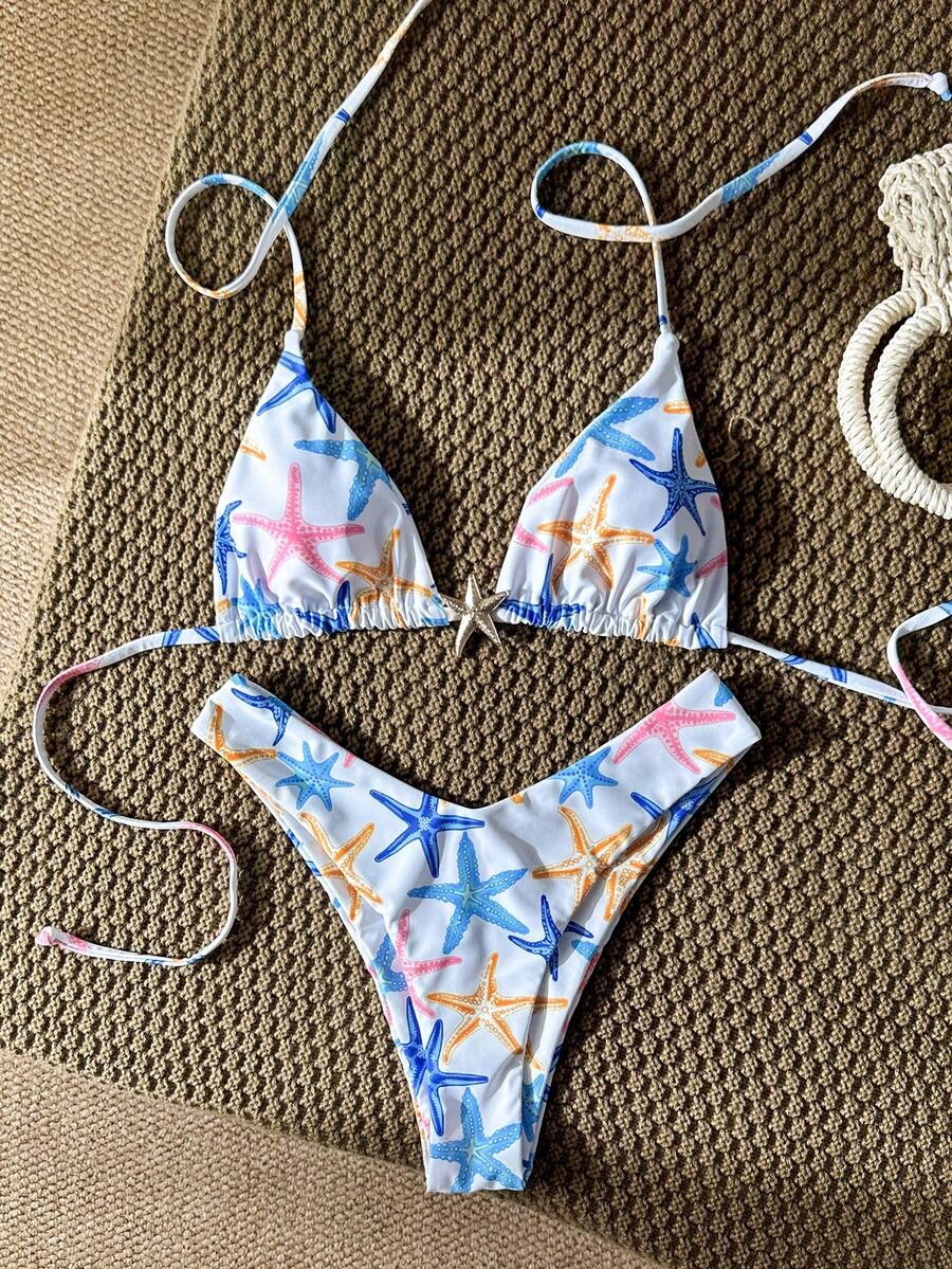 Swim Mod Women's Solid Color Spaghetti Strap Metal Decor Sexy Bikini Set, Summer - Multicolor - View 1