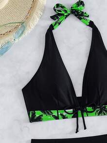 SHEIN Swim 女士夏季沙滩棕榈树印花露背性感比基尼套装（印花随机） - 綠色 - 查看 5
