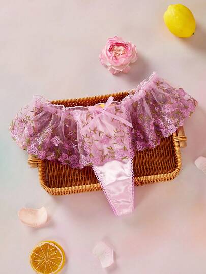 Elorette Floral Embroidery, Ditsy Floral, Ruffle Hem, Pleated Hem, Scalloped Hem, Bow Tie, Pastoral, Romantic Women's Thong Panties