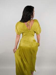 Dania Mndz Shop Elegant Bejeweled V-Neck Short Sleeve Ruched Waist Dress, Women Summer Formal Gown Party - Mustard Yellow - View 2