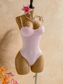 Soleia Damen Hellrosa Sommer Verführerischer Urlaub Geformte Cup Muschel BH mit Bügel Perlen Spaghettiträger Camisole Bodysuit, Boho Date Party Strand - Pink - Übersicht 8