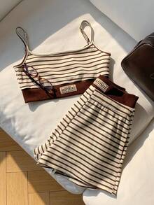 Comfortcana Women's Summer Casual Commuting Beaded Decor Contrast Stripe Print Cropped Tank Top And Shorts 2-Piece Set - Mocha Brown - View 6