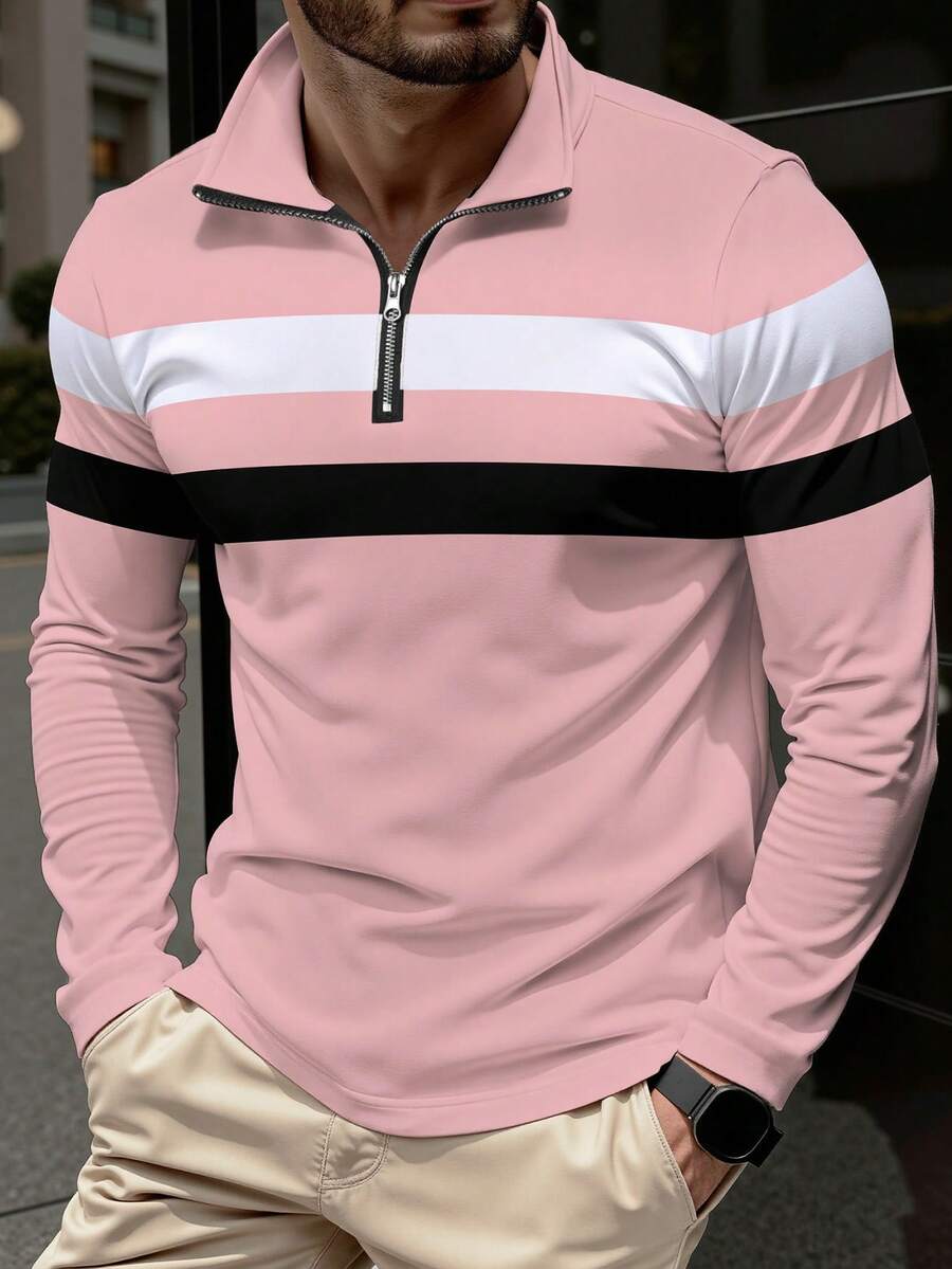 Manfinity Homme 男士休閒對比色四分之一拉鍊長袖 Polo 衫，正式款 - 彩色 - 查看 1