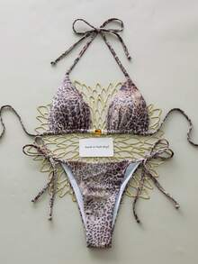 Swim Chiccia Women's Sexy Leopard Print Halter Tie Bikini Set, Elegant Beach Swimwear, Spring/Summer - Multicolor - View 1