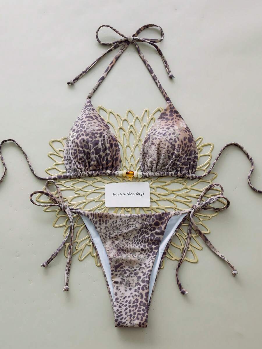 Swim Chiccia Women's Sexy Leopard Print Halter Tie Bikini Set, Elegant Beach Swimwear, Spring/Summer - Multicolor - View 1