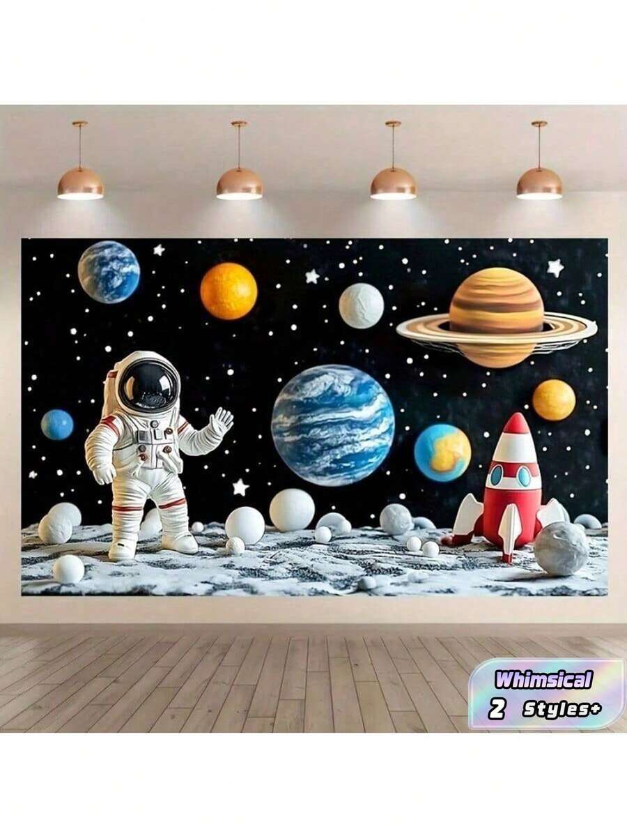 1 pieza Fondo de fiesta de cumpleaños con tema espacial - Planetas, cohetes y estrellas del espacio exterior de dibujos animados - Pancarta colgante de poliéster para festival y fotografía - Multicolor - Ver 1