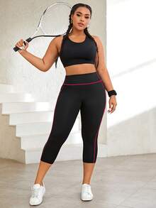 Core Rhythm Plus Size Contrast Stitch Wide Waistband Sports Leggings With Phone Pocket Yoga Women Pants - Black - View 5