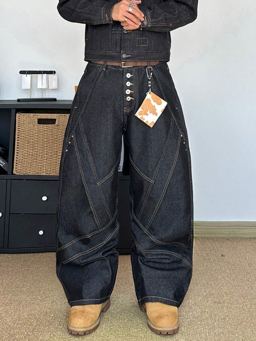 STEELVANCE 男士印花宽松阔腿黑色牛仔裤,新款复古款 - 黑色 - 查看 1