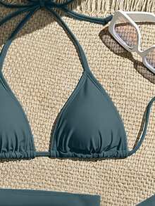 SHEIN Swim Vcay Bộ bikini 3 mảnh gợi cảm buộc dây cổ màu trơn dành cho nữ mùa hè, kèm áo khoác ngoài và váy. - Màu xám đen - Xem 5