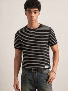 Manfinity Unisex Men's Striped & Printed Round Neck Short Sleeve T-Shirt - Black - View 3
