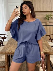Weeklong Plus Size Women's Spring/Summer Round Neck Ruffle Sleeve Casual Shorts Set - Blue - View 3