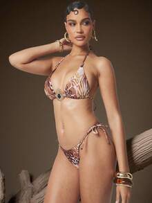 Hauture Top de bikini con cuello halter, decoración con cuentas doradas y estampado abstracto de animal sexy para mujer - Multicolor - Ver 6