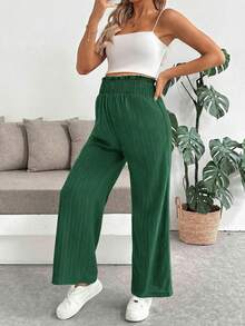 SHEIN Pregnant Women's Casual Vacation Solid Color Textured Fabric Drawstring Waist Loose Wide Leg Pants, Spring/Summer/Autumn - Dark Green - View 3
