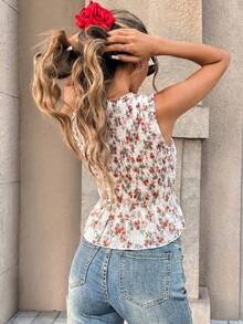 2026 Blusa de mujer con estampado floral aleatorio azul y blanco, cuello redondo, sin mangas, con fruncido en la cintura y bajo acampanado corto, de tela tejida, en estilo bohemio - Rosa Pálido - Ver 2