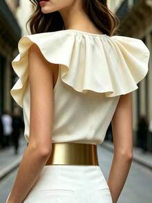 SHEIN Apricot Sleeveless Slim Fit Women's Shirt, Elegant Vacation , Apricot Sleeveless Slim Fit Women's Shirt For Spring/Summer, Apricot Sleeveless Slim Fit Women's Shirt For New Spring/Summer - Apricot - View 2