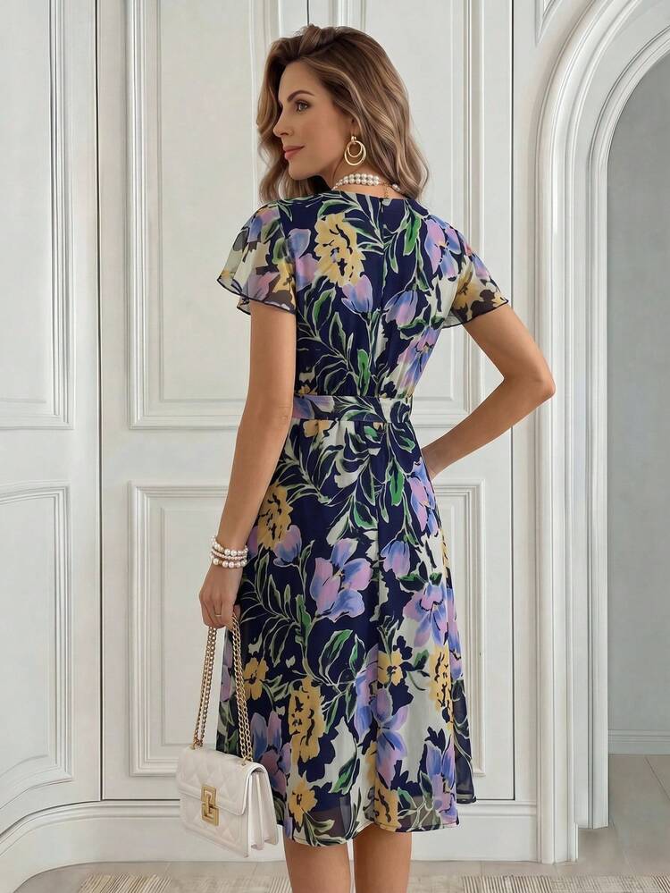 Floral Pattern Elegant Vacation Dress For Middle-Aged & Elderly Women