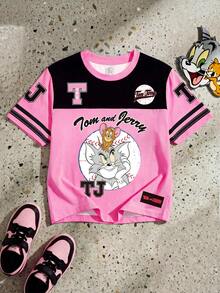 TOM & JERRY X SHEIN GraphicGems 女婴撞色卡通印花T恤，夏季 - 粉色 - 查看 6