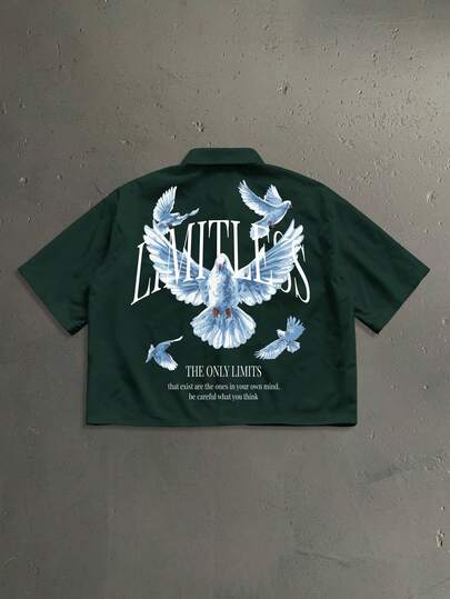 StoneGrade Camisa corta de manga corta con botones delanteros y estampado de paloma y letras, casual de verano para hombres