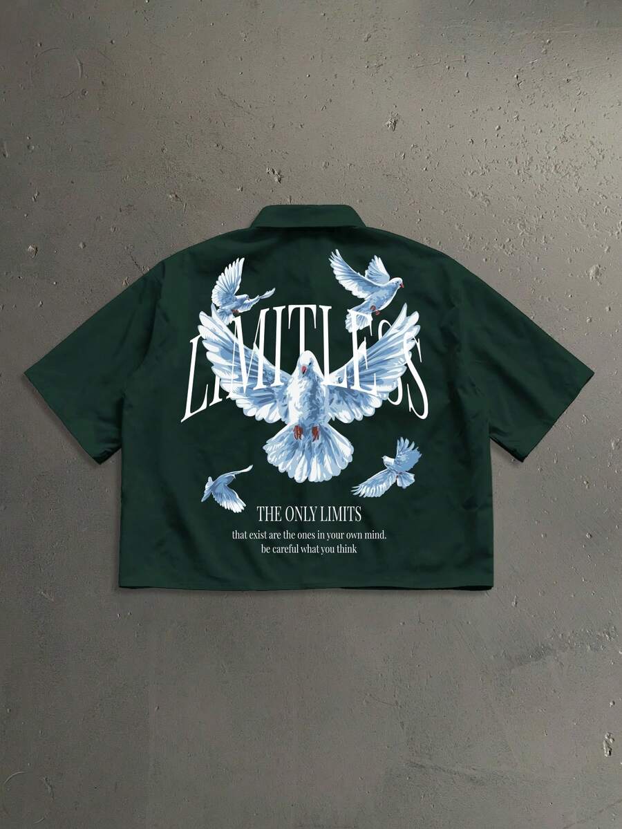 StoneGrade Men's Summer Casual Pigeon & Letter Print Front Button Short Sleeve Cropped Shirt - Dark Green - View 1