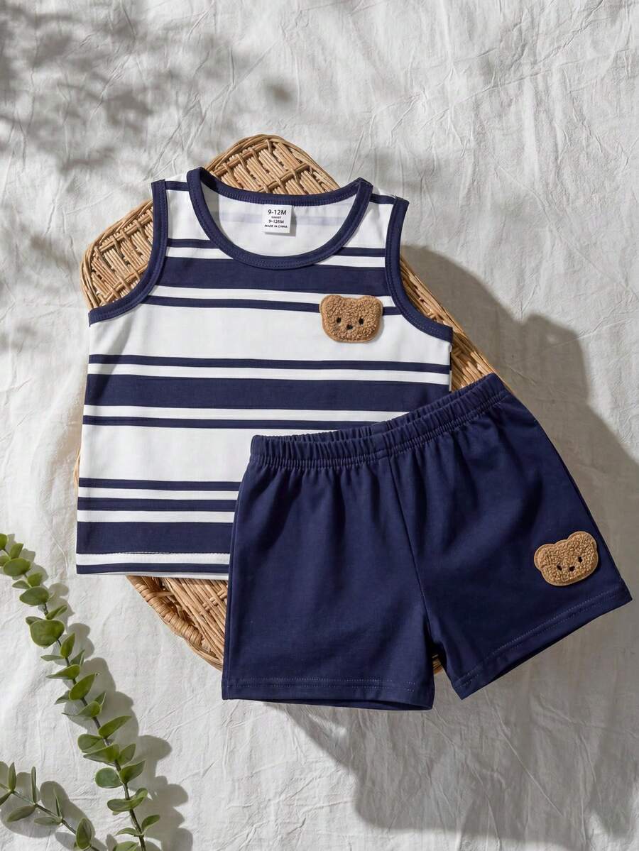 SHEIN Vintaside Kids 男婴夏季圆领无袖简约时尚背心搭配简约百搭休闲短裤套装,适合日常休闲、海滩玩耍或公园散步。 - 彩色 - 查看 1
