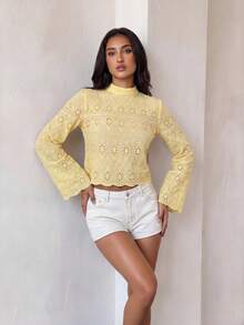 SHEIN Camisa casual versátil de uso diario con cuello alto y bordado para mujer - Amarillo - Ver 2