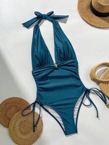 Swim Chiccia Robe de plage pour femme, tissu scintillant de couleur unie, décoration métallique, col en V profond, côtés avec cordon de serrage, maillot de bain une pièce élégant, sexy et à la mode pour la villégiature - Bleu canard - Voir 2