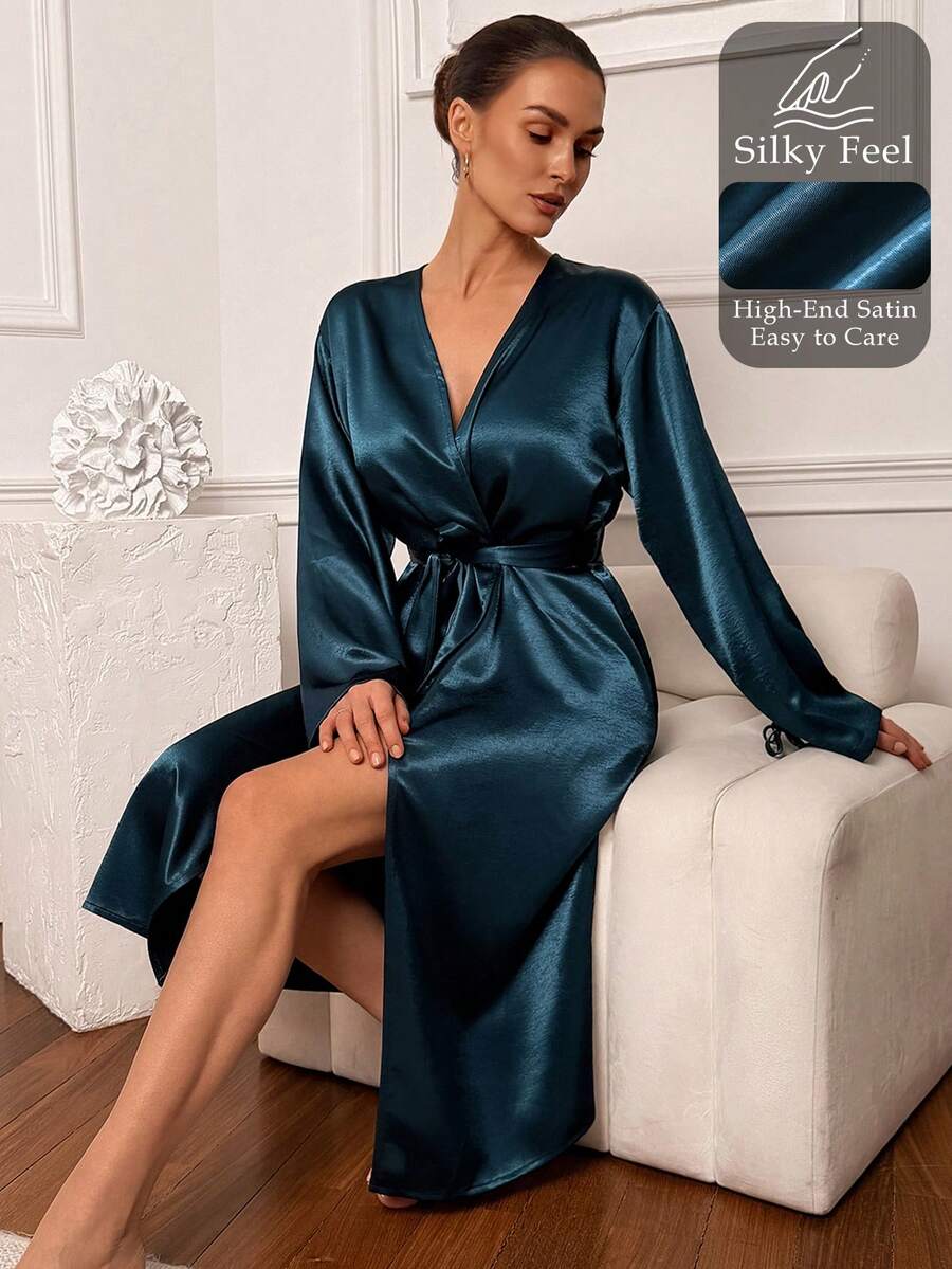 Bata larga de satén elegante para mujer - Verde - Ver 1