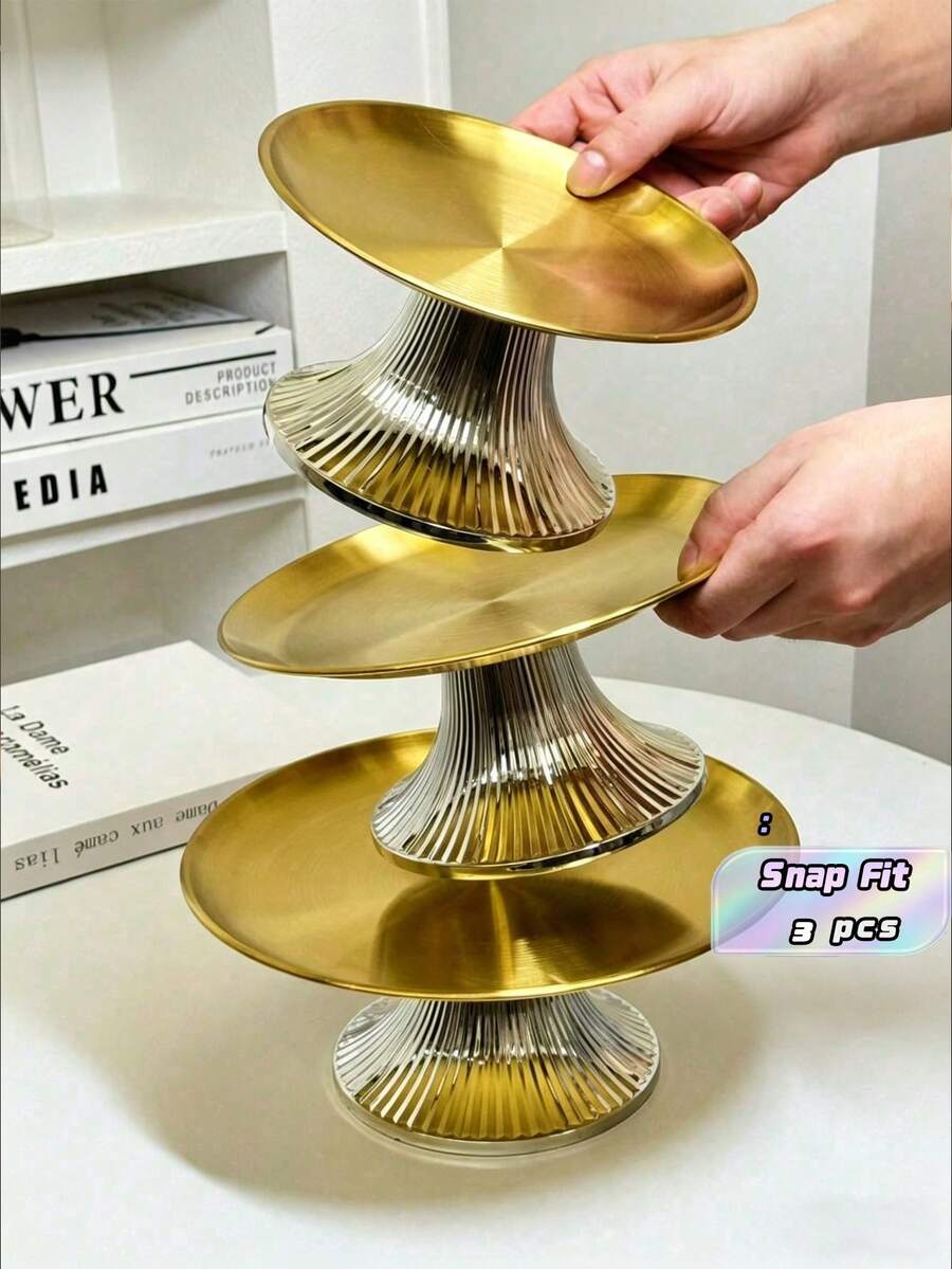 3 Pieces Set Of Stainless Steel Cake Rack, Equipped With A High-End Base, Dessert Display Plate, Multifunctional Fruit Tray, Suitable For Table Decoration, Home And Kitchen Plates, And For Use During Eid Al Fitr - Gold - View 1