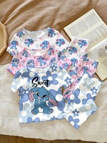 2 Stücke/Set(3 Stücke) Süßes Cartoon-Hasen-Muster Outfit, Baby Mädchen Weißes Polka-Dot Farbblock Pyjama, Sommerurlaub Essential, Kawaii Koreanischer Stil Baby Mädchen Kleidung - Verschiedenfarbig - Übersicht 3